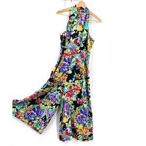 Vintage 90s R.J. Stevens bright floral jumpsuit romper halter top pleated 12
